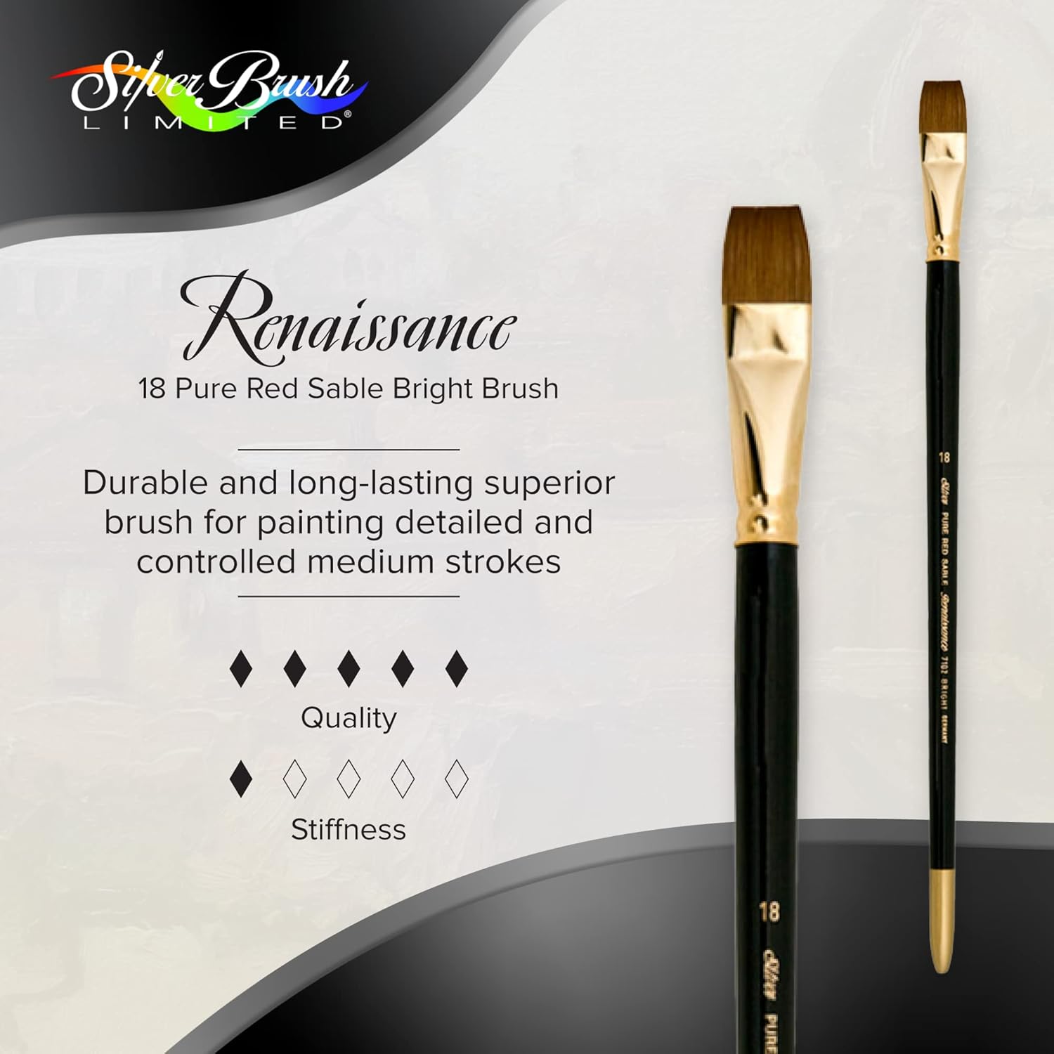 Silver Brush Limited 7102-18 Renaissance Bright Paintbrush for Oil, Watercolor, Gouache, Inks, Dyes, Fluid, & Flow Acrylic, Size 18, Long Handle