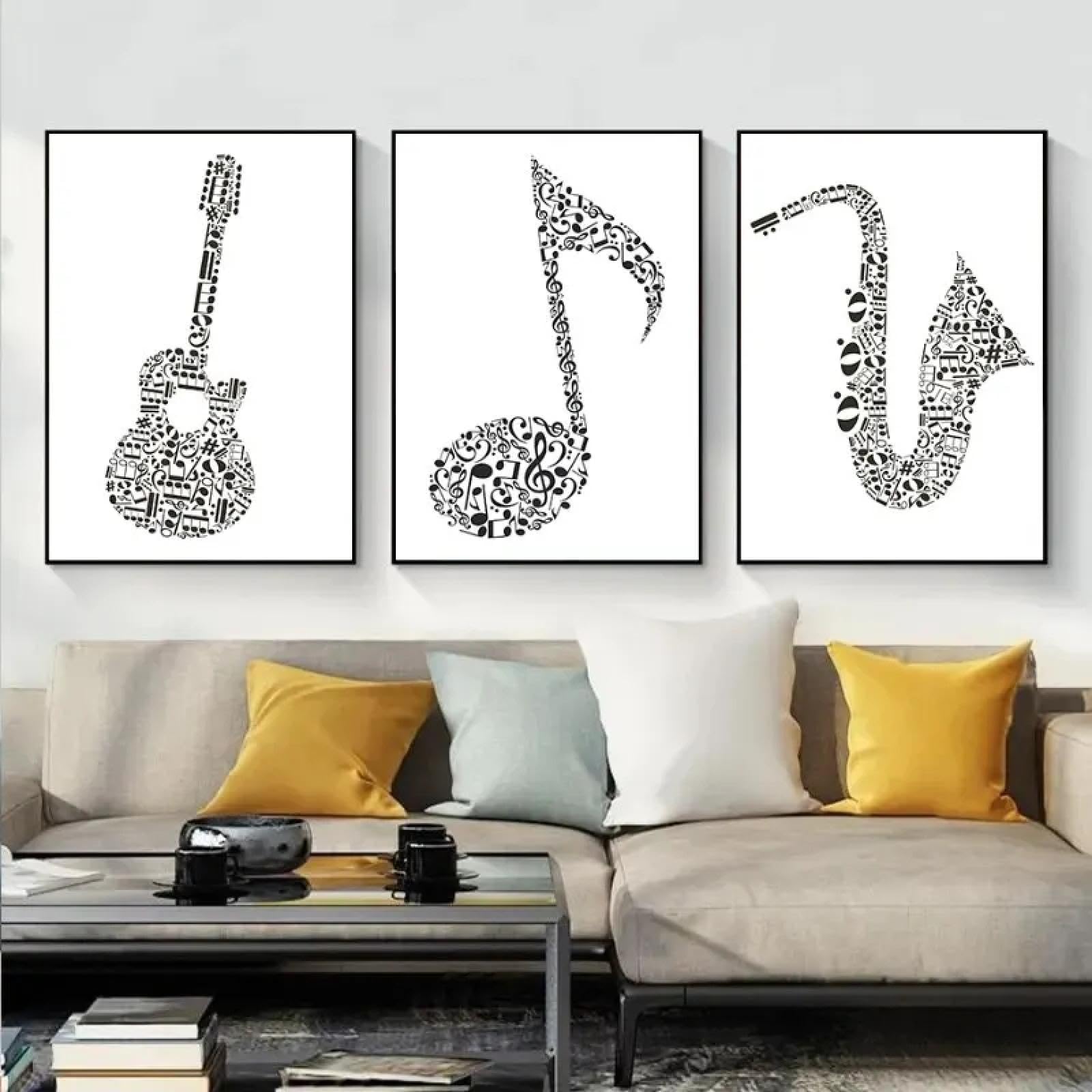 Stampa artistica su tela con note musicali in bianco e nero, poster musicale per l'arredamento del soggiorno, poster di musicisti per la decorazione della parete di casa, 40x60cmx3 cornice interna