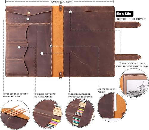 Miniatura 2 de Robrasim Handmade Leather Sketchbook Cover, Artist Sketch Pad Holder for 9"X12" Top Spiral Bound Sketchbook, Drawing Book Pencil Case, Journal