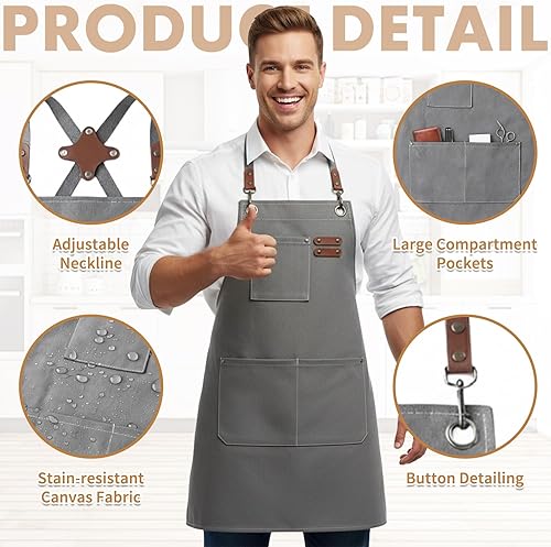 Miniatura 3 de Delantal de chef con bolsillo grande, delantal para carpintería, lona de algodón, correas ajustables, ideal