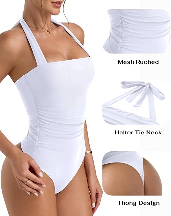PINKMSTYLE Halter Square Neck Bodysuits for Women Mesh Sleeveless Thong Body Suits Tank Tops Double Lined Fitted Top