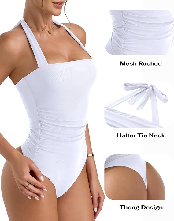 PINKMSTYLE Halter Square Neck Bodysuits for Women Mesh Sleeveless Thong Body Suits Tank Tops Double Lined Fitted Top