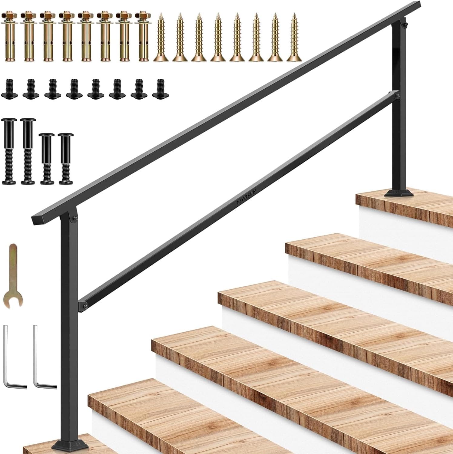 VIVOSUN 83" Adjustable Outdoor Stair Handrail for 1-7 Steps, Wrought Iron Railing for Porch & Concrete Steps, Black HR-0004