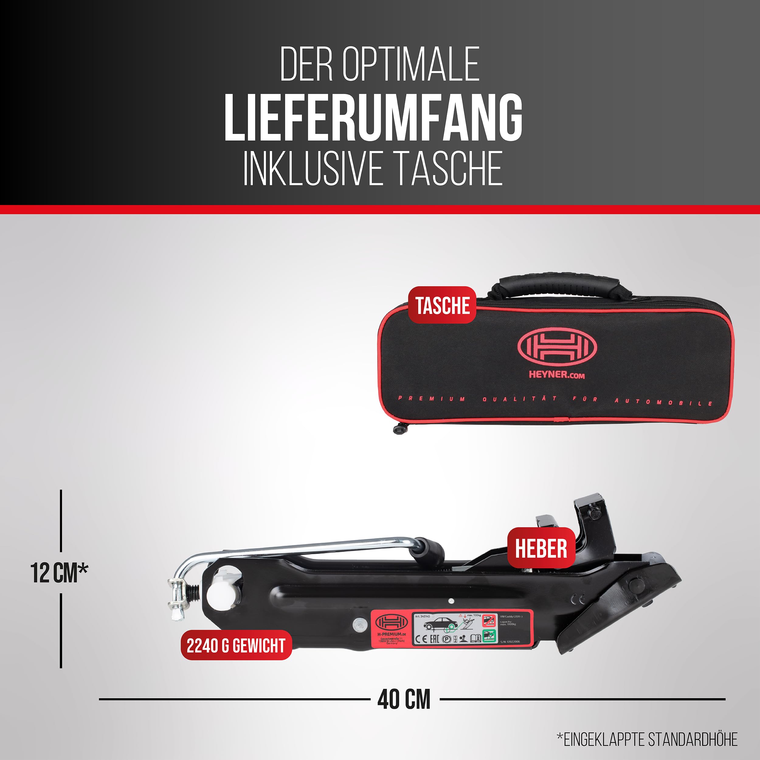 HEYNER® OEM Scherenwagenheber mit 1,1 t Tragkraft passend für VW Caddy | Geeignet ab Baujahr 2011, Nur für Frontantrieb Modelle, Erstausrüsterqualität, Top Qualität Made in EU, inklusive Tasche