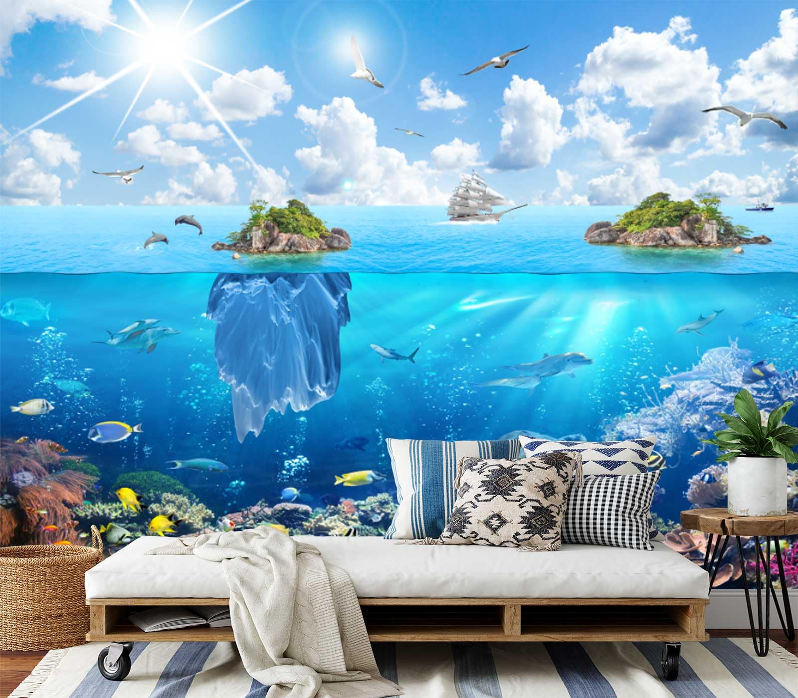 Cliouar-Underwater World, Sailboats, Seagulls, Dolphins, Islands on The sea Wall Mural wallpaper-103 x 69