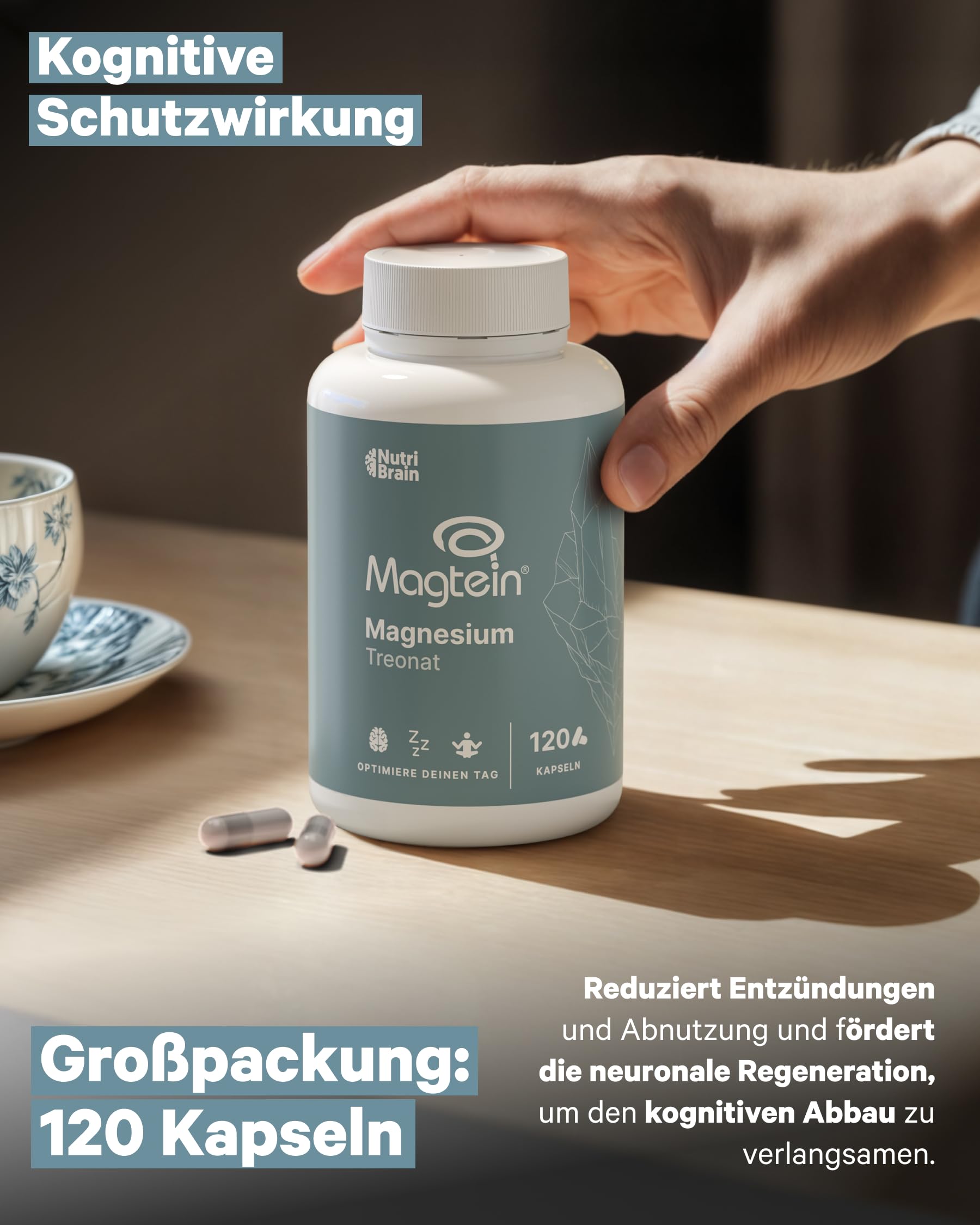 Magnesium L-Threonat mit Magtein® | Hochdosiert 2000 mg | Laborgeprüft | Maximale Aufnahme | 120 Kapseln | Gedächtnis, Fokus, Tiefschlaf