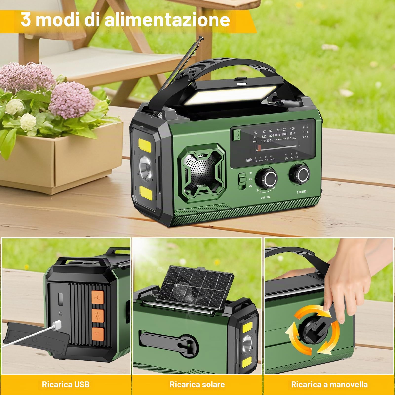 Radio Manovella 27000 mAh AM/FM Portatile Solare Emergenza Bluetooth Power Bank
