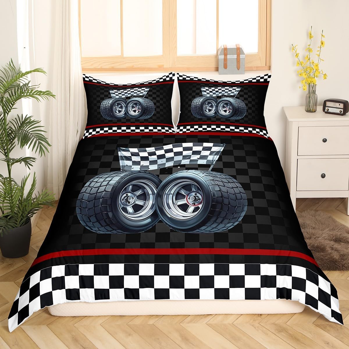 Racing Track Black White Grid Duvet Cover Queen Size Extreme Sports Comforter Cover for Teens Adults Race Car Bedding Set 3 Pcs Decorative Bed Cover(Comforter Not Included)
