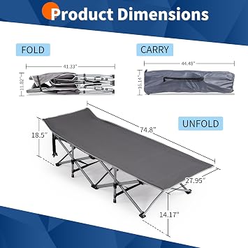 Folding Camping Bed for Adults, Camping Cot with Thick and Soft Mattress for Travel, Poolside, Picnic, Office, Patio, 150kg Load Capacity, Grey