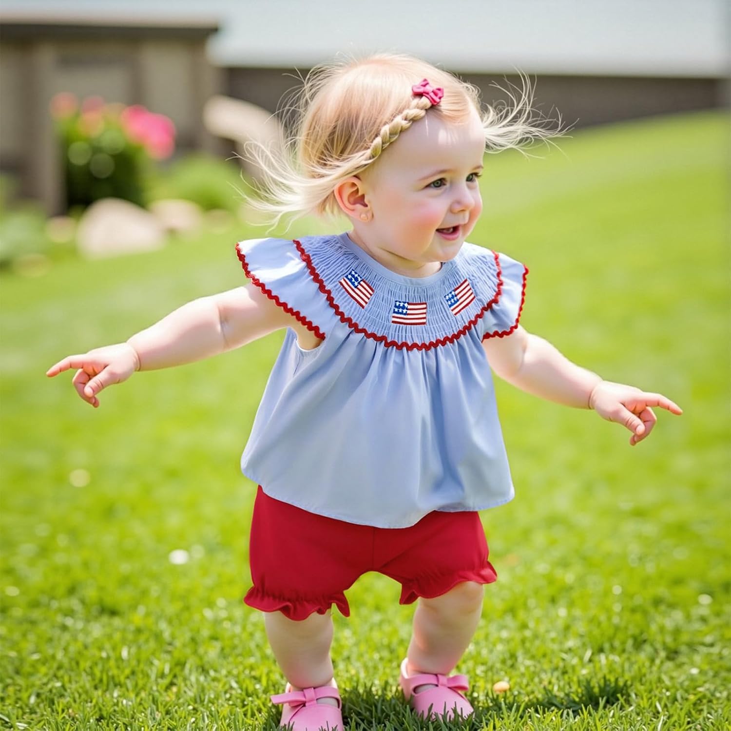 4th Of July Outfits For Toddler Girls Baby USA Smocked Tops T-Shirt Shorts Set Summer Fourth Of July Clothe - Image 2