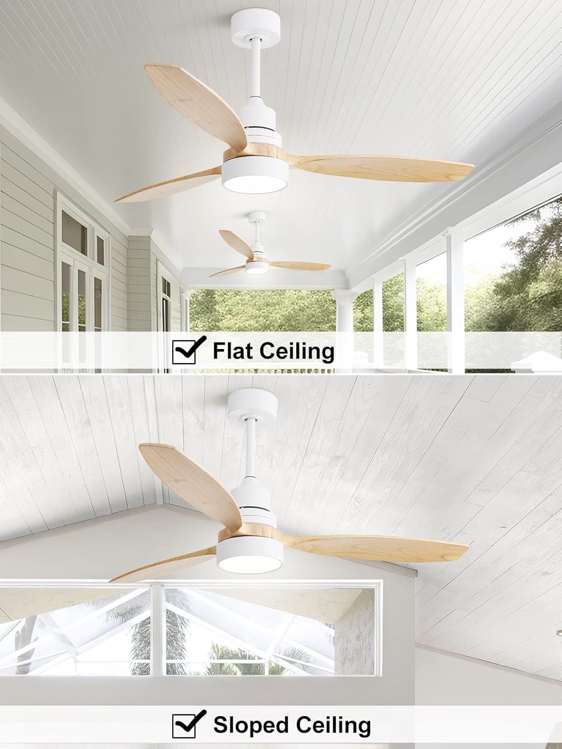 Diagram showing the Sofucor ceiling fan installed on both a flat ceiling and a sloped ceiling.