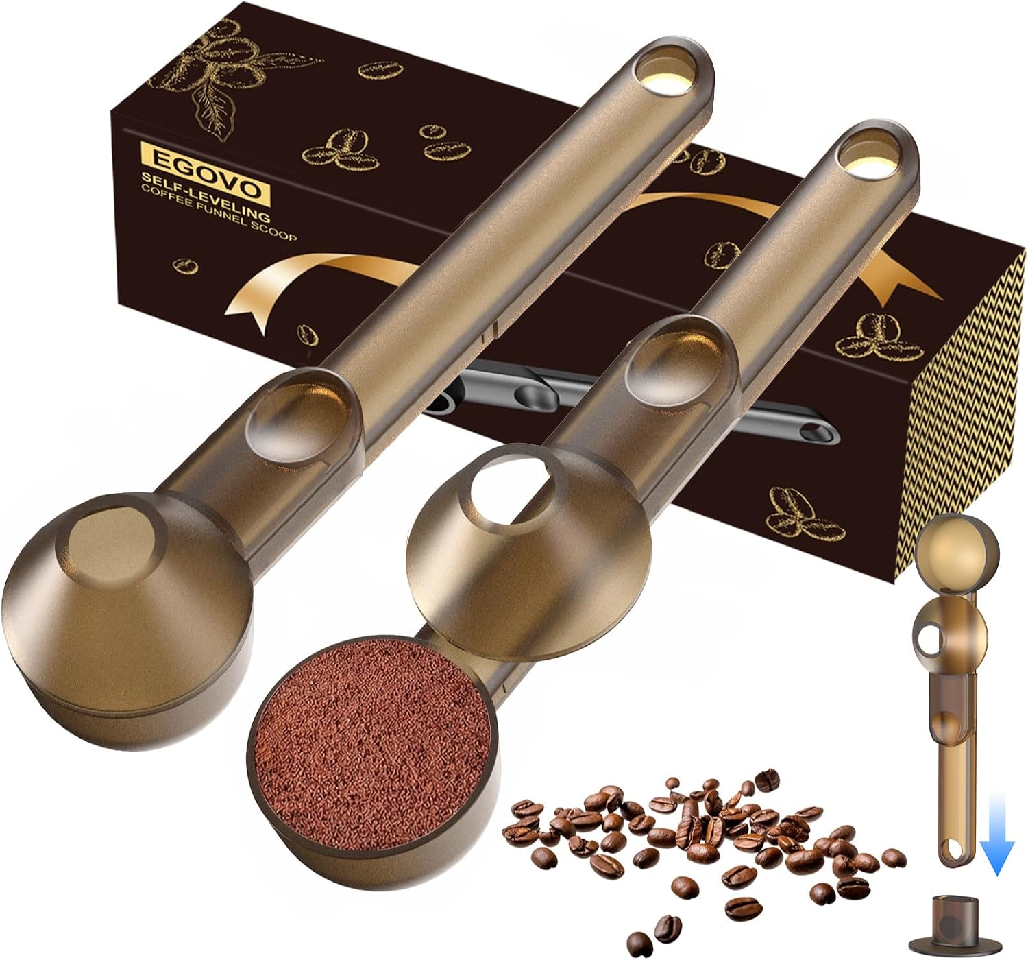 2 Pcs Coffee Scoop with Funnel for Reusable K Cup, 2 TBSP Measuring Spoon | Mess-Free Funnel Design, Sliding Leveler for Precise 2 TBSP, Long Handle for Ground Coffee, Protein Powder & Tea