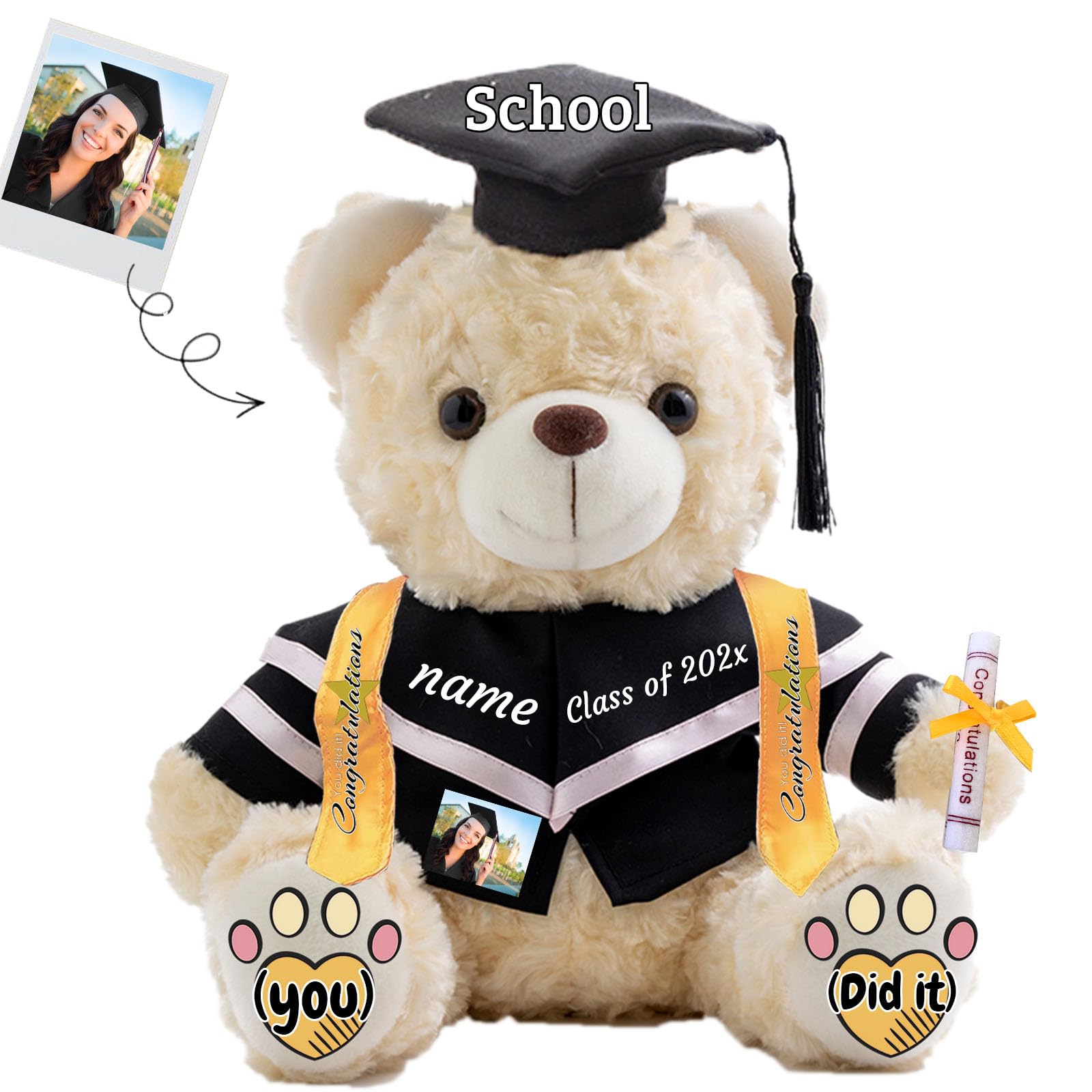 JABECODIFA Graduation Bear Class of 2025 Personalised Graduation Gift for Kids Teddy Bear with Text+Photo as 2025 College High School Kindergarten Graduation Gifts 2025 (10 IN-Text+Photo)