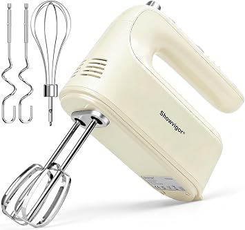 300W Electric Hand Mixer, 5 Speed Handheld Mixer with 5 Stainless Steel Beaters, Includes Dough Hooks & Whisks for Baking, Mixing, Whisking Eggs & CreamBeige