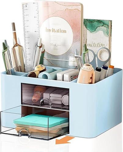 Miniatura 10 de Organizador de escritorio Vimbo de 7 rejillas con cajón – Organizador de mesa multifuncional de plástico y soporte para bolígrafos para la escuela