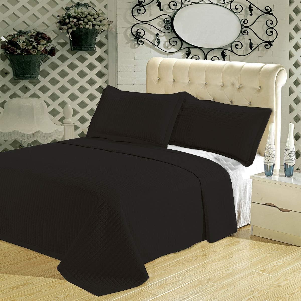 sheetsnthings Luxury Quilted Coverlet Set - 3-Piece Wrinkle-Free Microfiber Comfy Bedspread with Matching Pillow Shams (Queen, Black)
