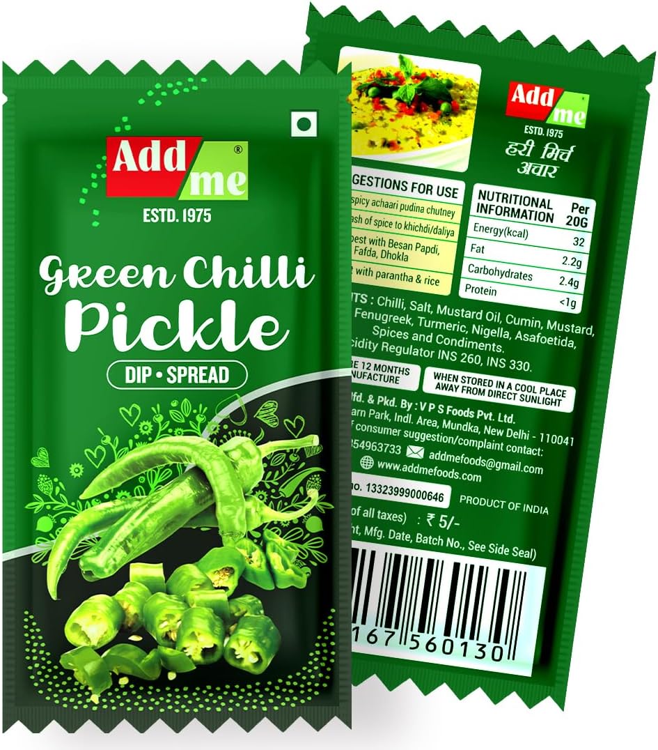 Add Me Green Chilli Pickle achar Sachet Pouch chotu Traveller Pack (Pack of 48) 576gm