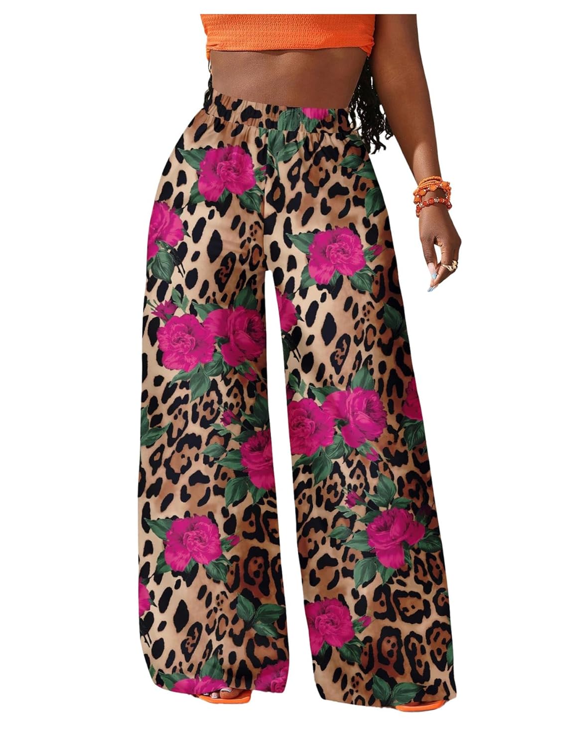 Verdusa Womens Leopard Floral Wide Leg Pants Boho Vacation Loose Trousers Concert Outfits