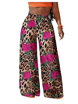 Verdusa Womens Leopard Floral Wide Leg Pants Boho Vacation Loose Trousers Concert Outfits