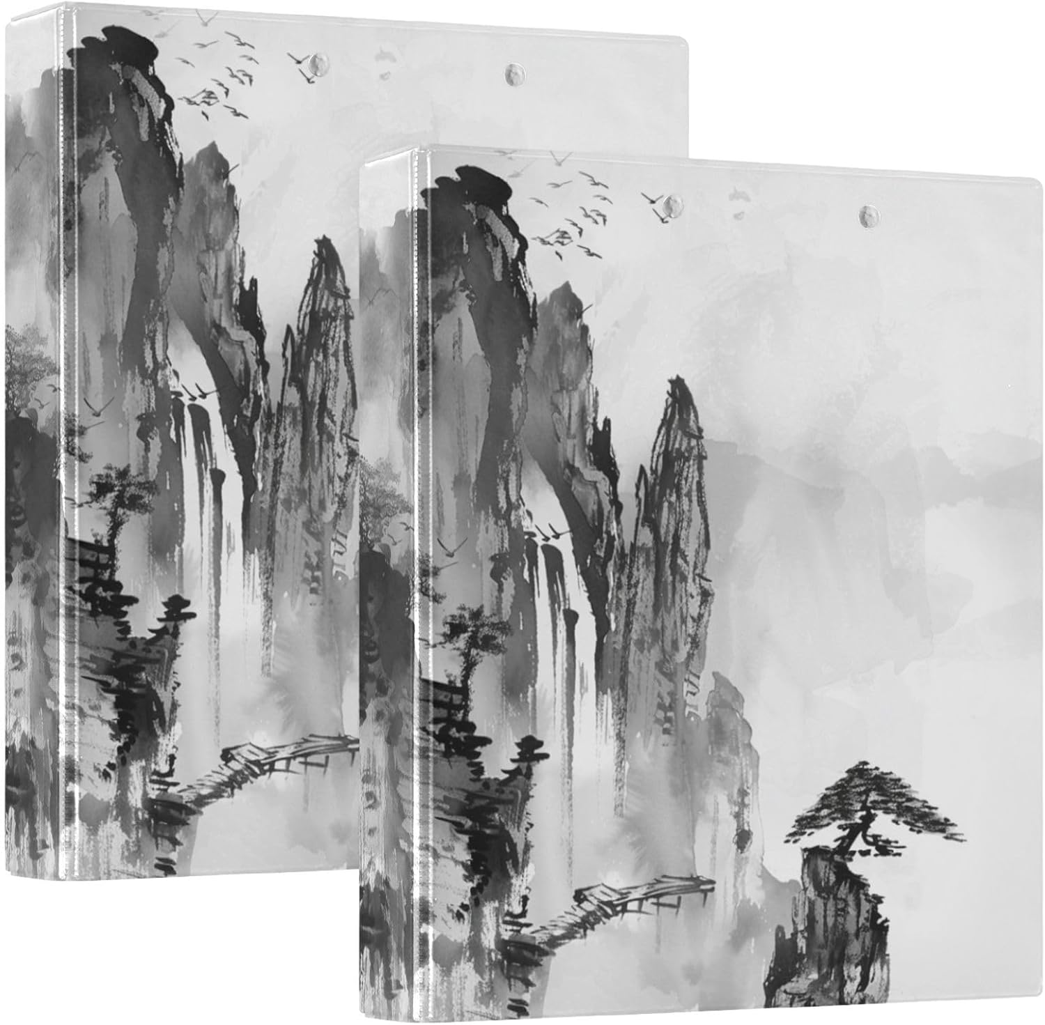 Pine Trees and Cypress Chinoiserie Binder 1.5 Inch Binder with Clipboard&Pockets, Hardcover Binders 3 Ring, Ink Painting Heavy Duty Large File Folder for Office School Supplies - Holds 200 Sheets