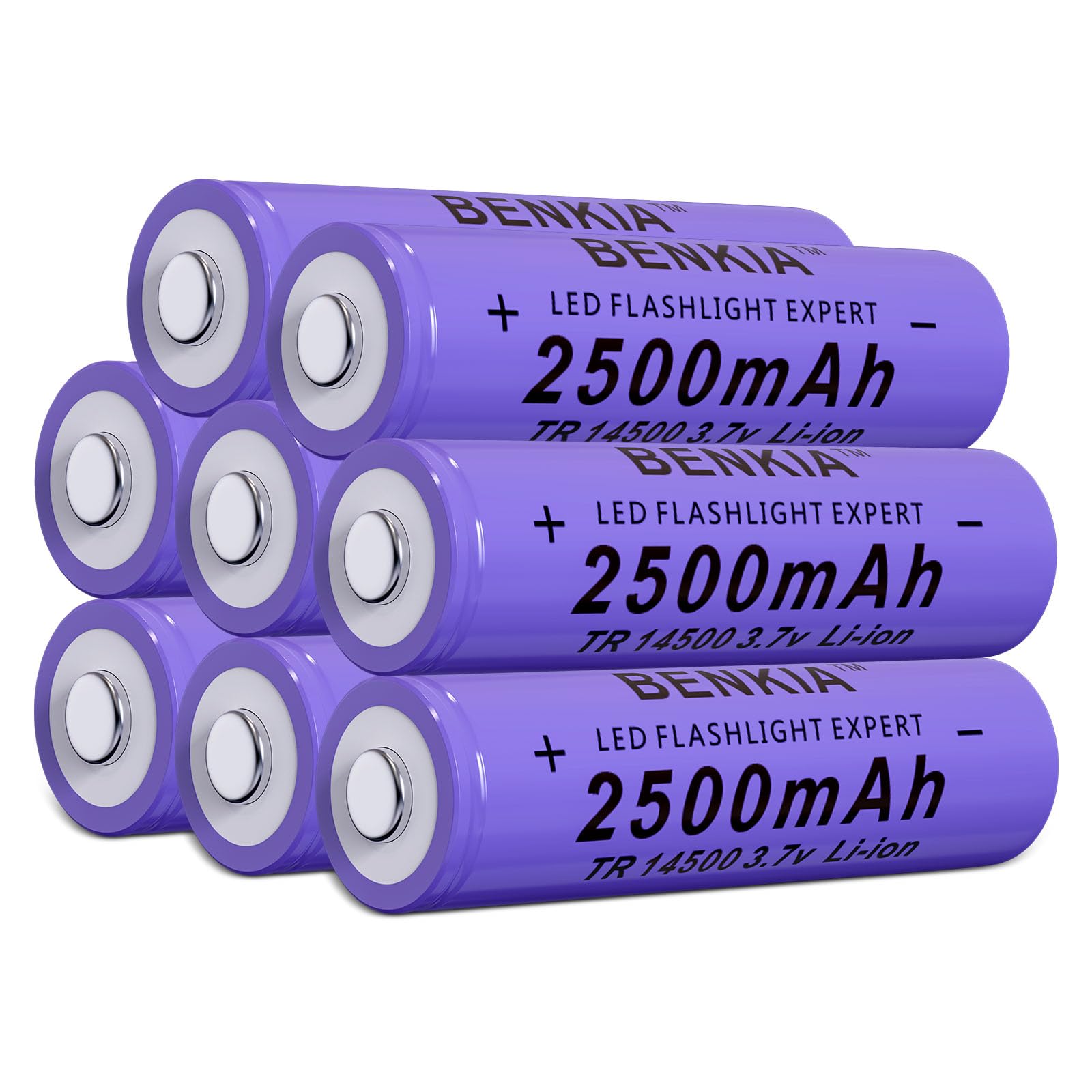 PAOWANG 14500 Rechargeable Battery 2500mAh Button Top 8 Pack 3.7Volt Li-ion Batteries for Headlamp Flashlight