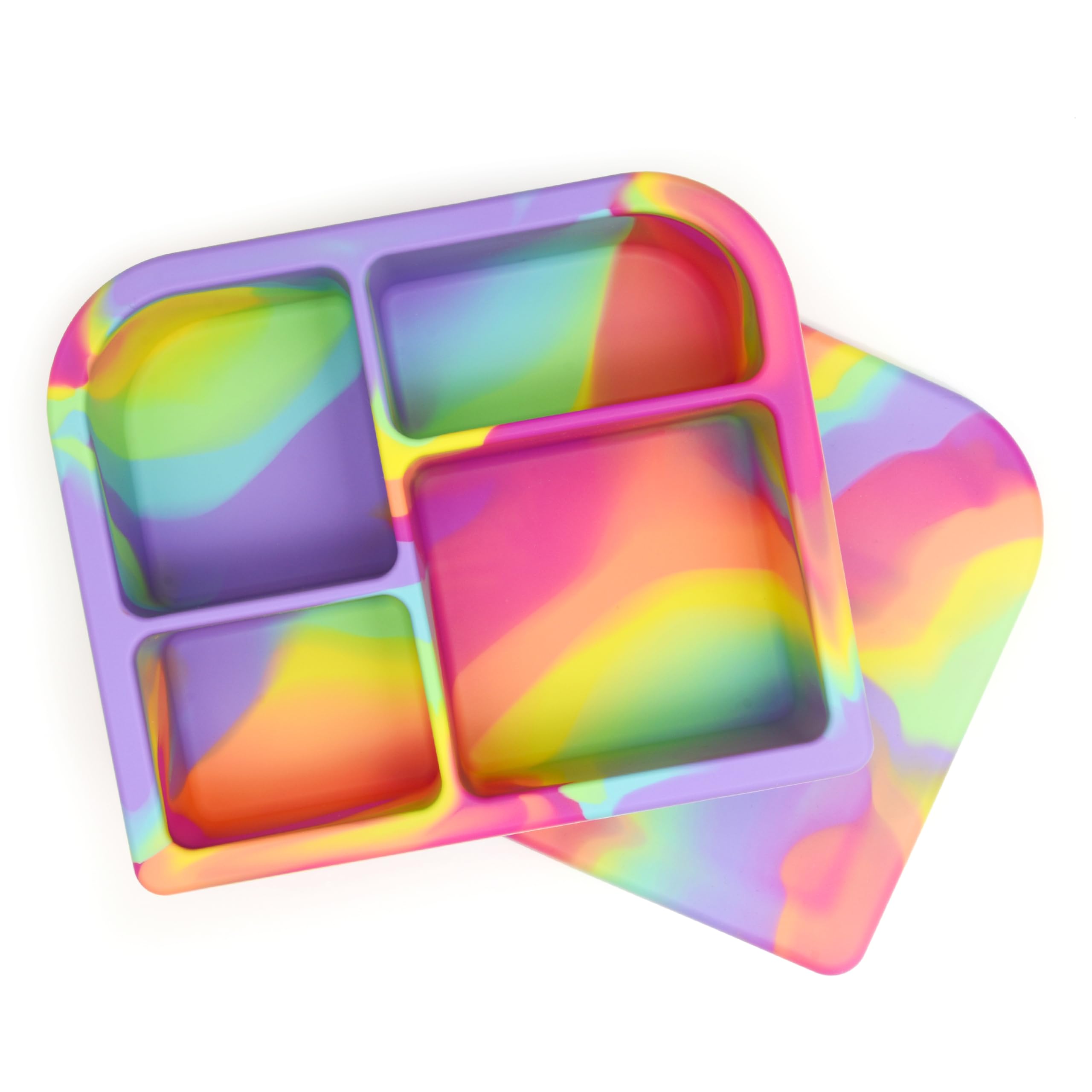 PrimaStella Snacktainer™ Silicone 4-Compartment Bento Box - Leak-Proof Lunch Box for Kids and Adults - BPA Free (Rainbow Swirl)