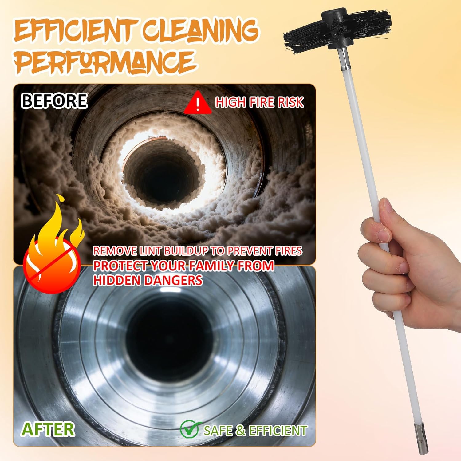 20ft Dryer Vent Cleaner Kit with 15 Flexible Rods, Us 5/16"-18 Thread Chimney Sweep Kit, 4" & 6" Brush Heads for Lint Removal, Power Drill Attachment Chimney Cleaning Tool for Fire