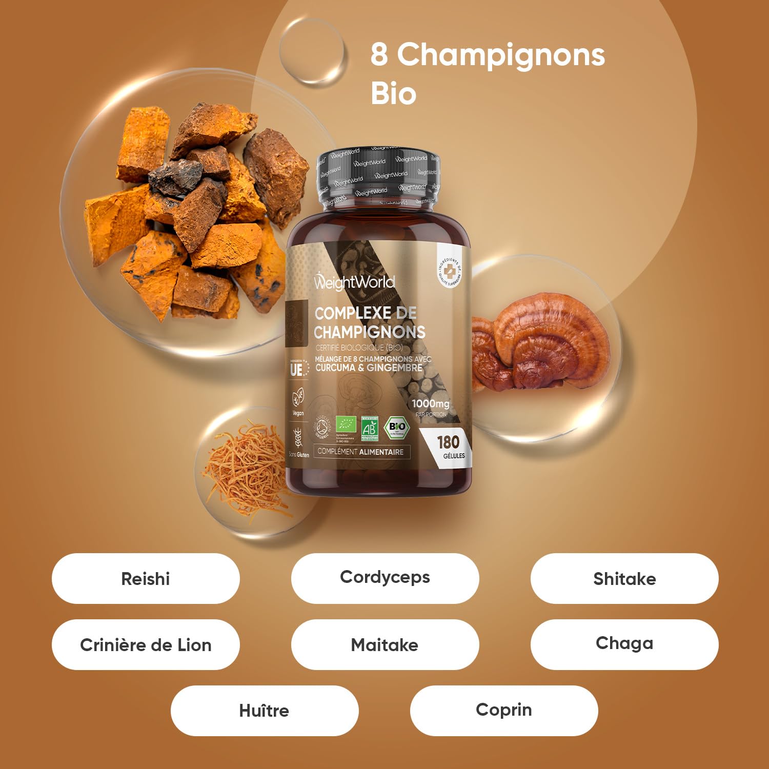 Complexe 8 Champignons Bio 180 Gélules Vegan Certifié AB - Reishi, Lions Mane, Cordyceps, Chaga, Shiitake, Maitake, Huître, Coprin, Champignons Gélules Enrichi en Curcuma et Gingembre pour 3 Mois