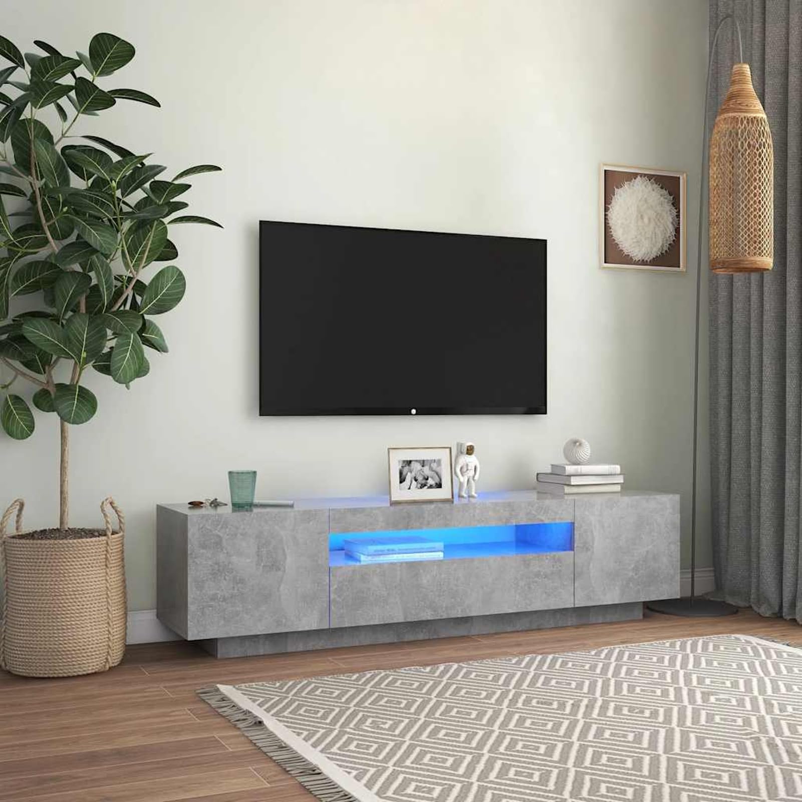 Gecheer Meuble TV avec lumières LED gris béton 160 x 35 x 40 cm