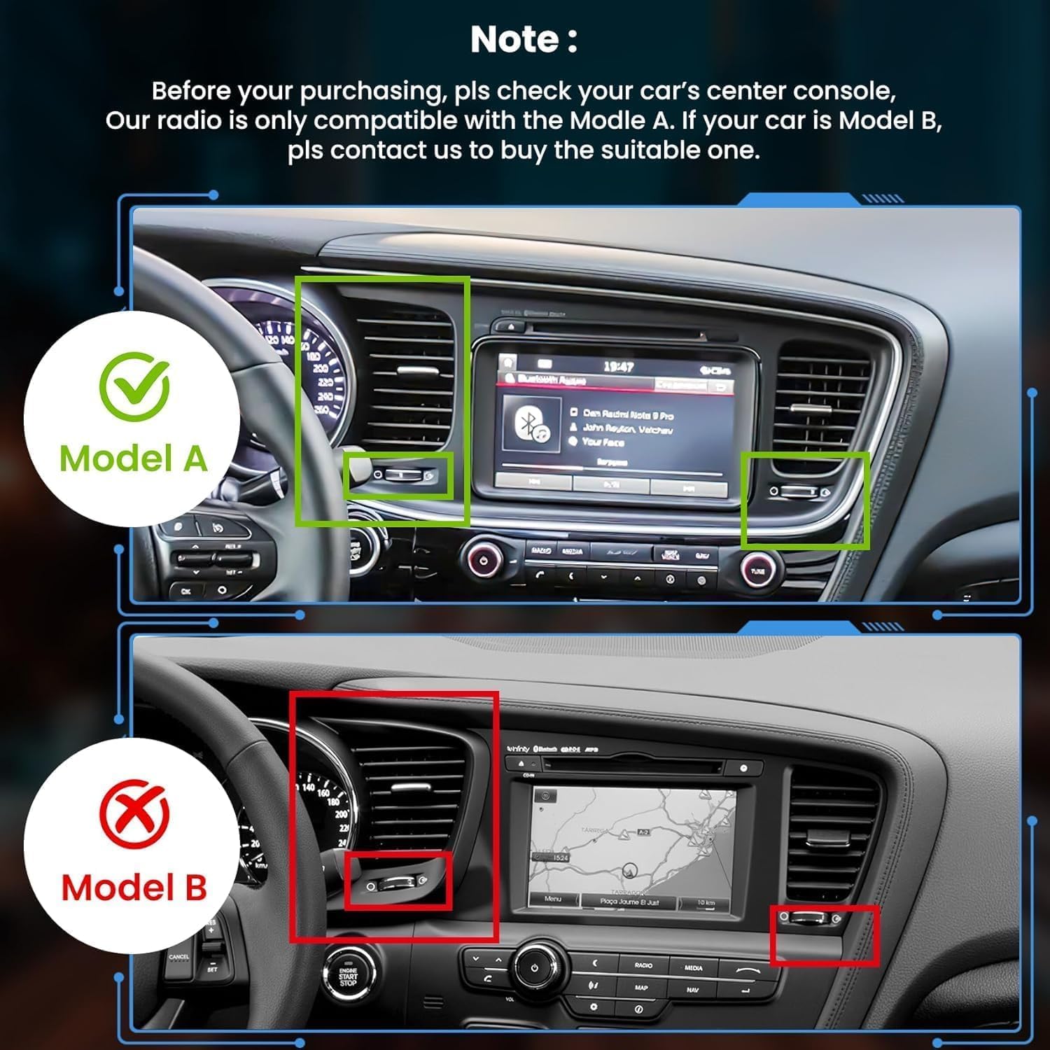 Comparison image of two KIA Optima K5 center consoles. Model A, marked with a green check, shows compatibility with the new stereo. Model B, marked with a red X, indicates incompatibility due to existing factory screen/features.