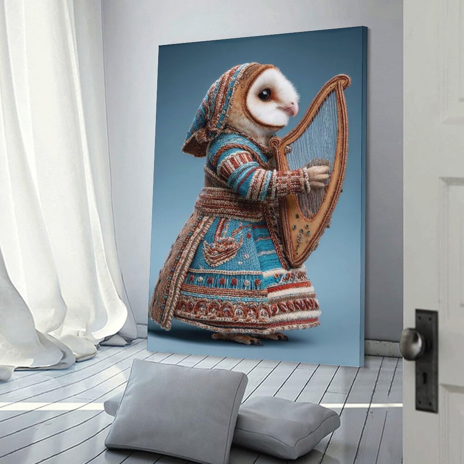 Junmoney Anthropomorphic Owl Playing Harp in Knitted Outfit Home Decor Wall Art 24x36inch(60x90cm), for Office, Study Or Home Workspace, Home Office Artwork with Decorative Appeal
