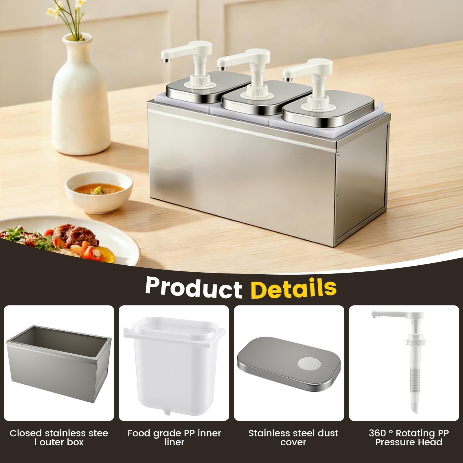 Station de Distribution de Sauces 6L avec 3 Têtes de Pompe, Distributeur Ketchup Inox Alimentaire & Anti-Goutte, Idéal pour Ketchup Mayonnaise Moutarde Miel, 3×2L Distributeur Sauce Gastro