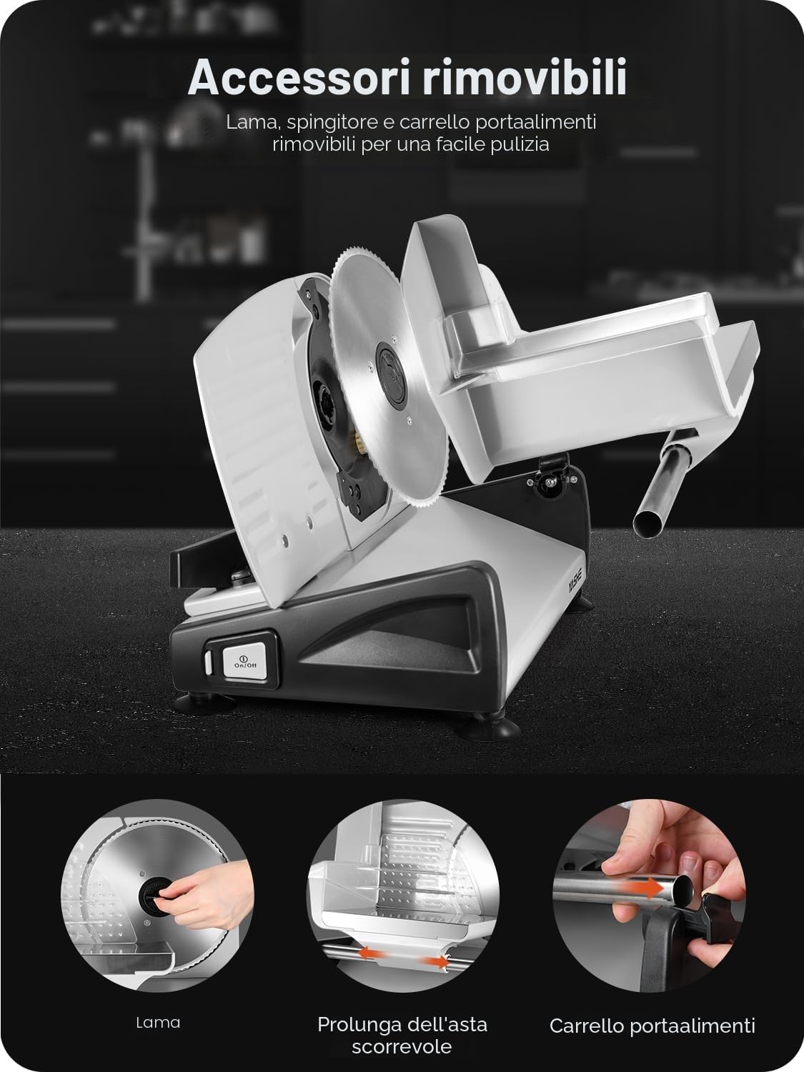 YASHE Affettatrice Elettrica, Affettatrice da Carne e Pane da 250W con Lame Seghettate e Lisce da 19 cm, Spessore Regolabile (0–15 mm), Blocco di Sicurezza, Piedini Antiscivolo, Facile da Pulire