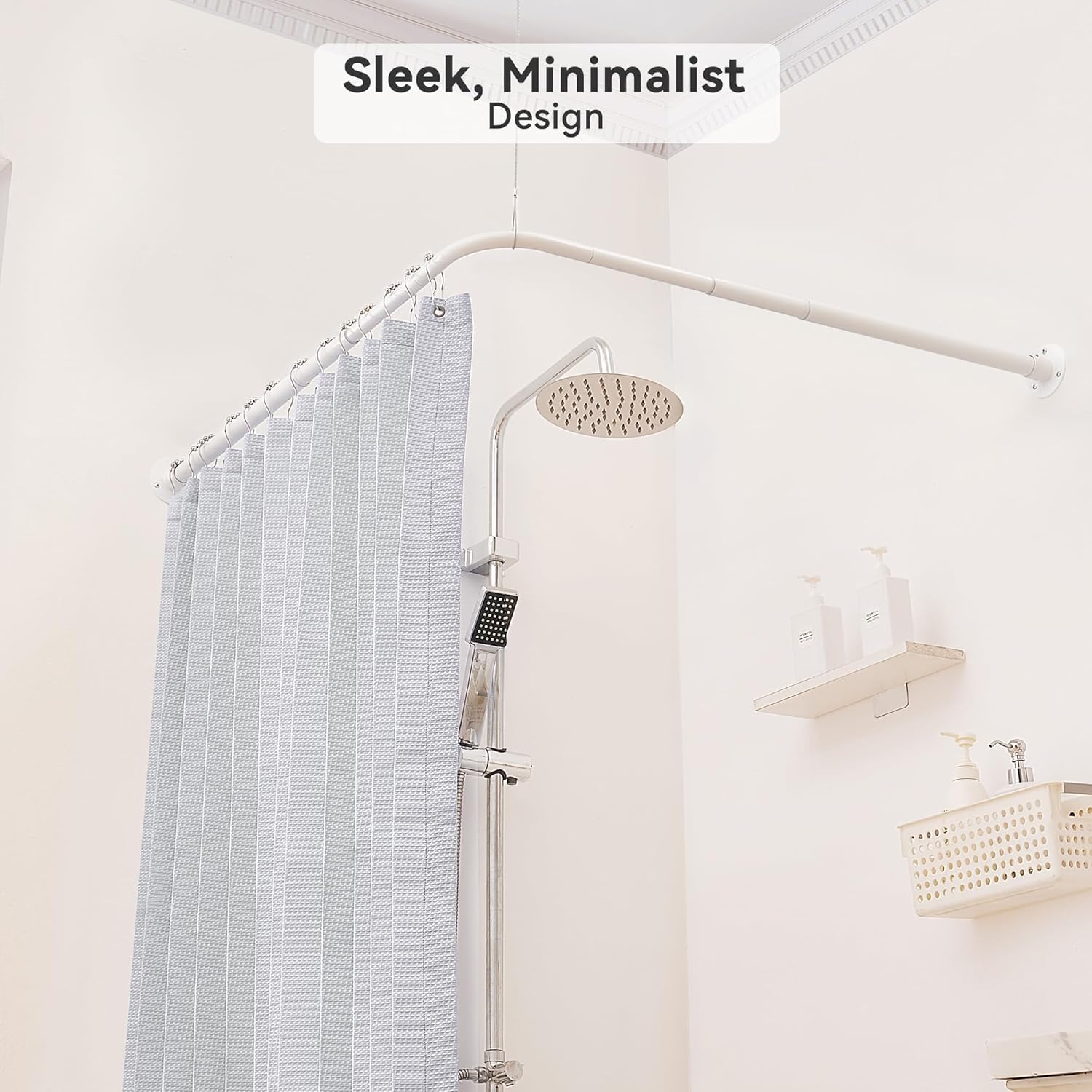 Asta per tenda da doccia a forma di L, asta curva per tenda da doccia, 62-122 cm x 62-122 cm, asta telescopica per bagno e vasca da bagno, in acciaio inox, con 12 ganci ad anello e supporto a soffitto