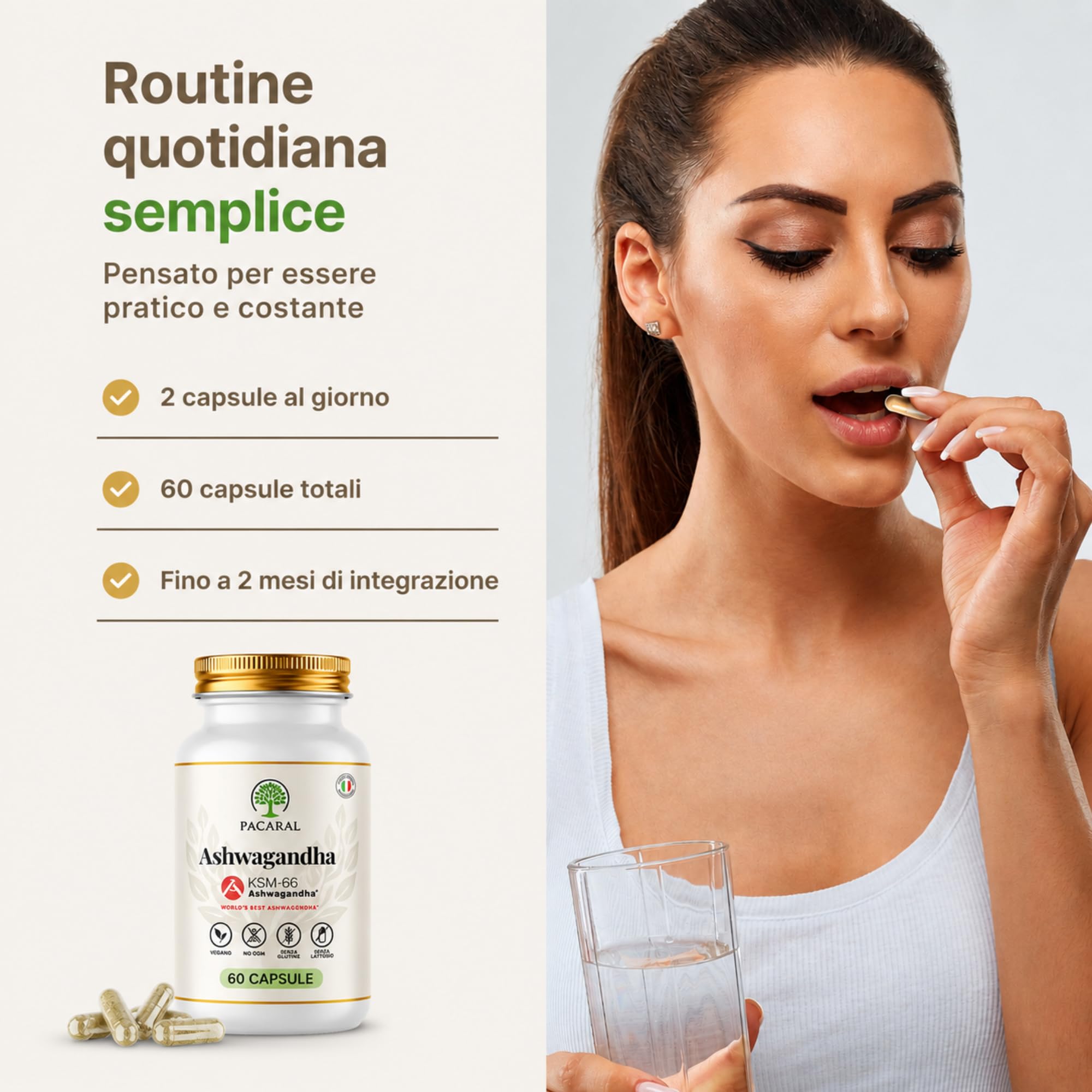 Ashwagandha KSM-66 Alto Dosaggio Pura - 180 Capsule Vegane fino a 6 Mesi di Scorta, Integratore 5% Withanolidi – Stress, Sonno, Benessere, Withania Somnifera - Prodotto in Italia PACARAL