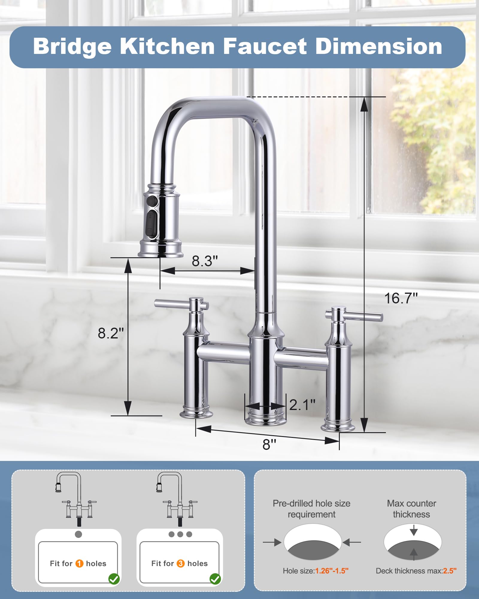 Snapklik.com : Bridge Faucet For Kitchen Sink Chrome: 3 Hole Solid ...