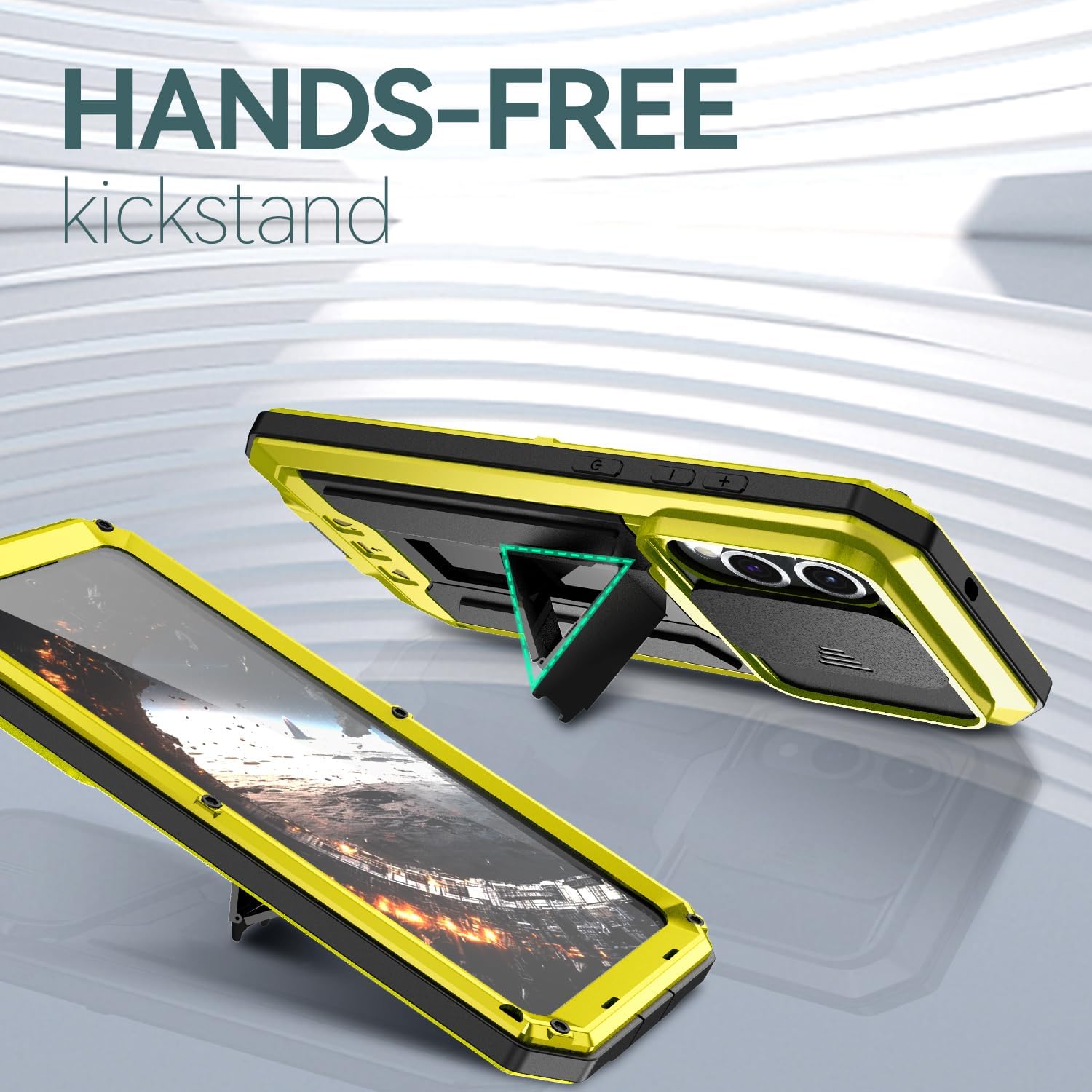 Compatible with Samsung Galaxy S25 FE Metal Case with Camera Cover Stand Gorilla Glass Full Body Hybrid Military Heavy Duty Armor Silicone Rugged Phone Cover for Man Woman (Yellow)