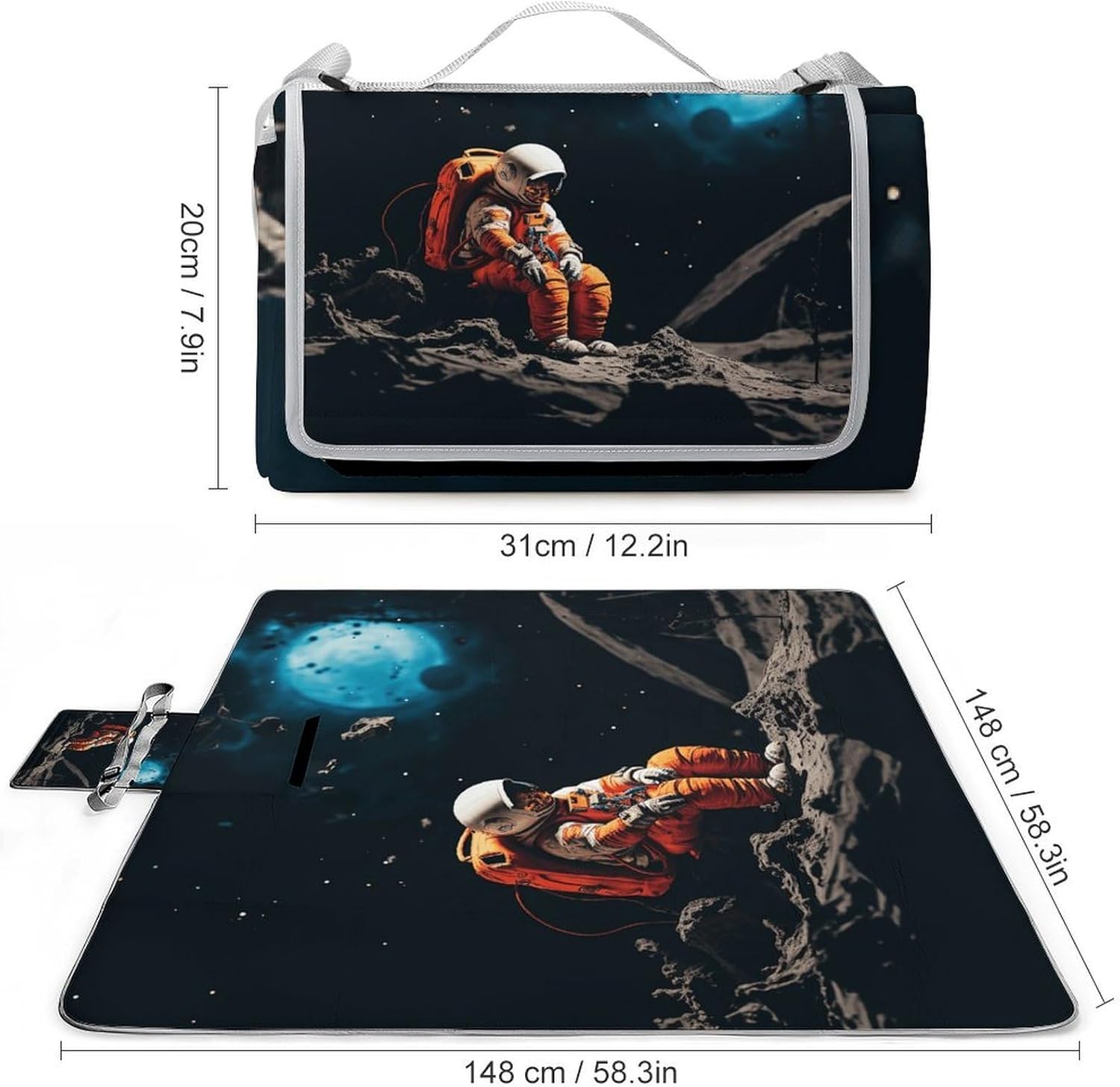 Astronaut Crashed on The Moon Waterproof Picnic Blanket 58.3''x58.3'',Portable and Foldable Picnic Mat with Handle,Outdoor Blankets for Lawn Park Beach Travel