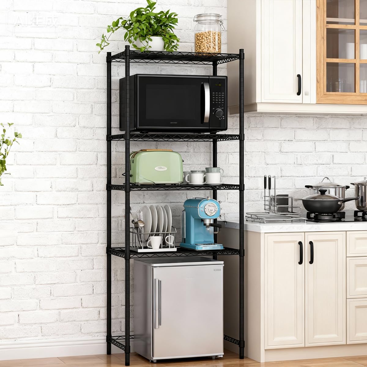 4 Tier Mini Fridge Shelf with Storage & Over Mini Fridge Storage Microwave Stand - Height Adjustable, Metal Storage Rack for Dorm | Space Saving Organizer for Kitchen, Office, Apartment(Black)