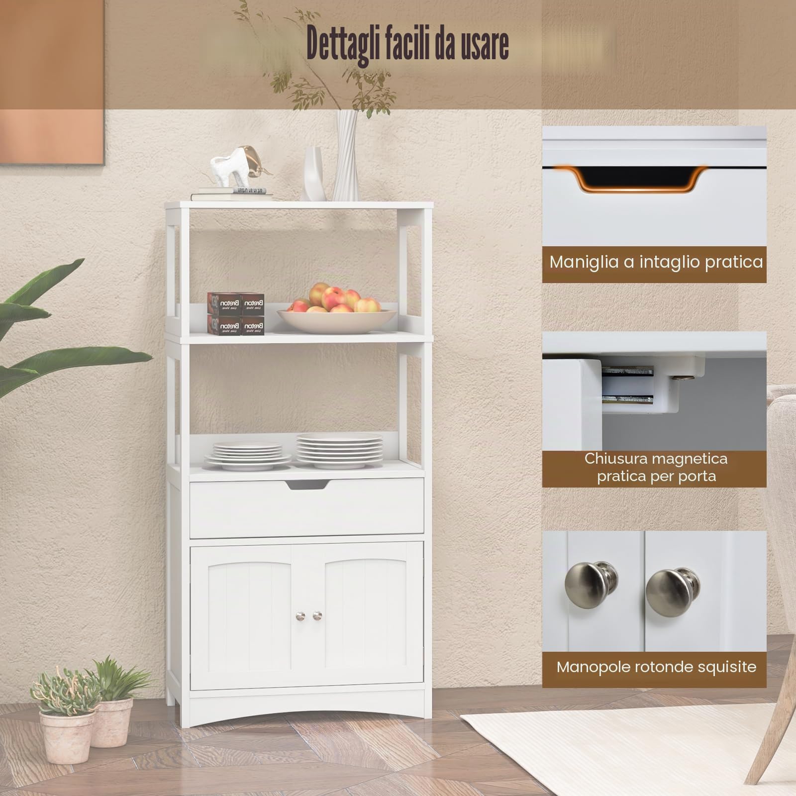 KOMFOTTEU Mobile portaoggetti con ripiano a 3 livelli, armadio alto in legno, dispositivo antiribaltamento, cassetto e armadio a 2 ante, moderno, 60 x 32,5 x 122 cm (bianco)