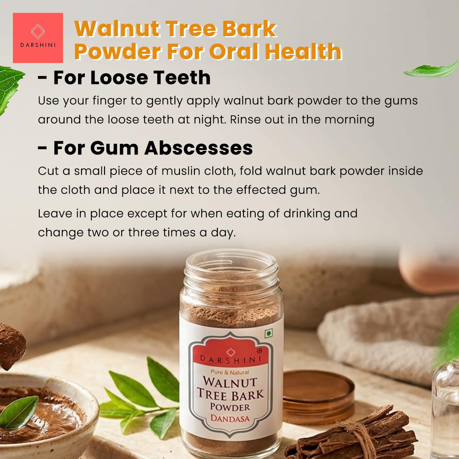 DARSHINI Walnut Tree Peel Powder 80g | Akhrot Chhal Powder | Dandasa | Walnut Bark Herbal Formula for Traditional Dental Care, Teeth Whitening, Datun, Gum & Oral Health and Bad Breath 2