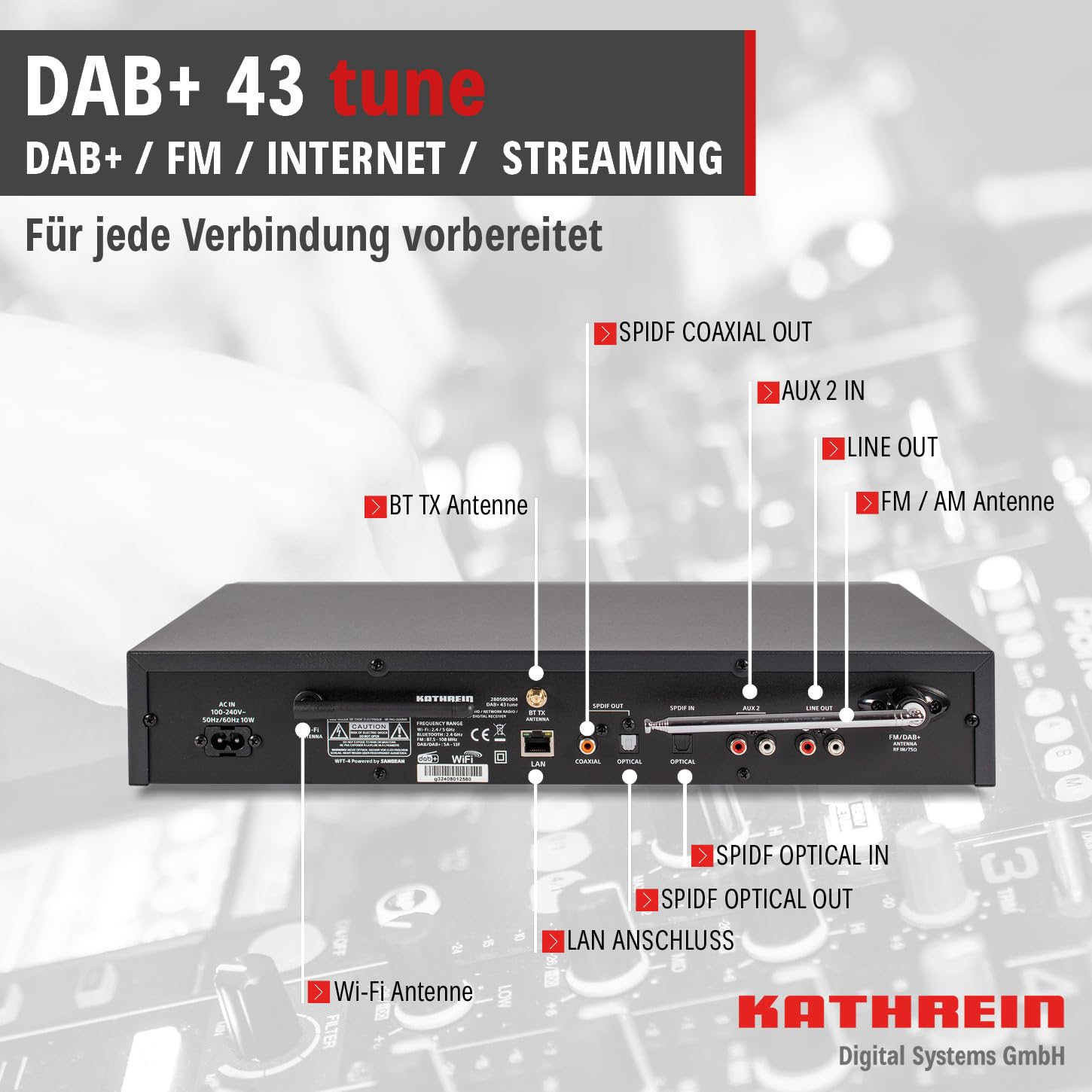 KATHREIN Internetradio DAB+ 43 Tune mit DAB+ und UKW-Empfang zur Erweiterung Einer HiFi Anlage, 2,4 GHz WLAN, Bluetooth, SpotifyConnect, Musik Streaming per UPnP | 4″ Farbdisplay, Streamingdienste Amazon Music, Spotify, Deezer, Bluetooth Audio Streaming,