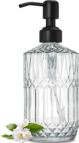 JASAI Dispensador de jabón de vidrio de 18 onzas con bomba negra a prueba de óxido, dispensador de jabón de cocina recargable de vidrio grueso,