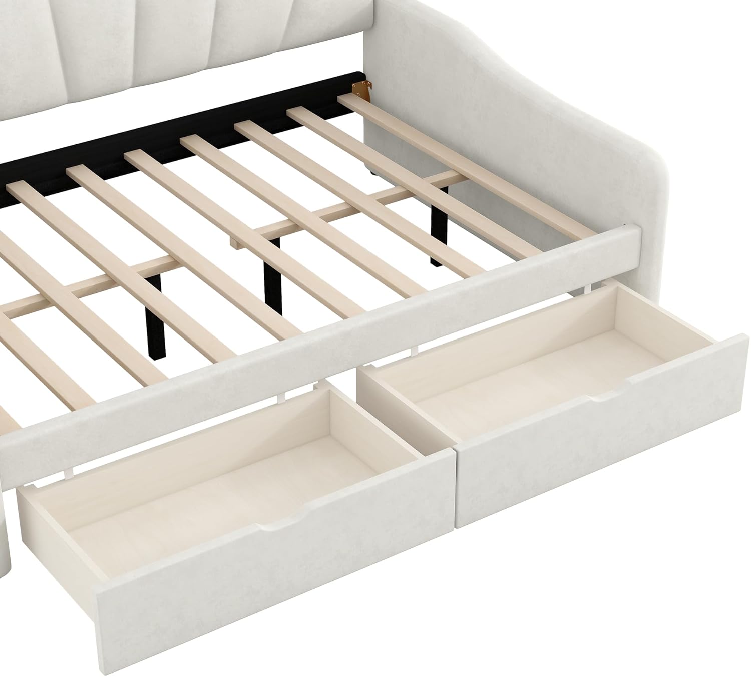 Bellemave Full Size Upholstered Daybed Frame with Shall Shaped Backrest & 2 Drawers, Velvet Fabric, Sturdy Pine Wood Legs, for Bedroom/Guest Room, Beige