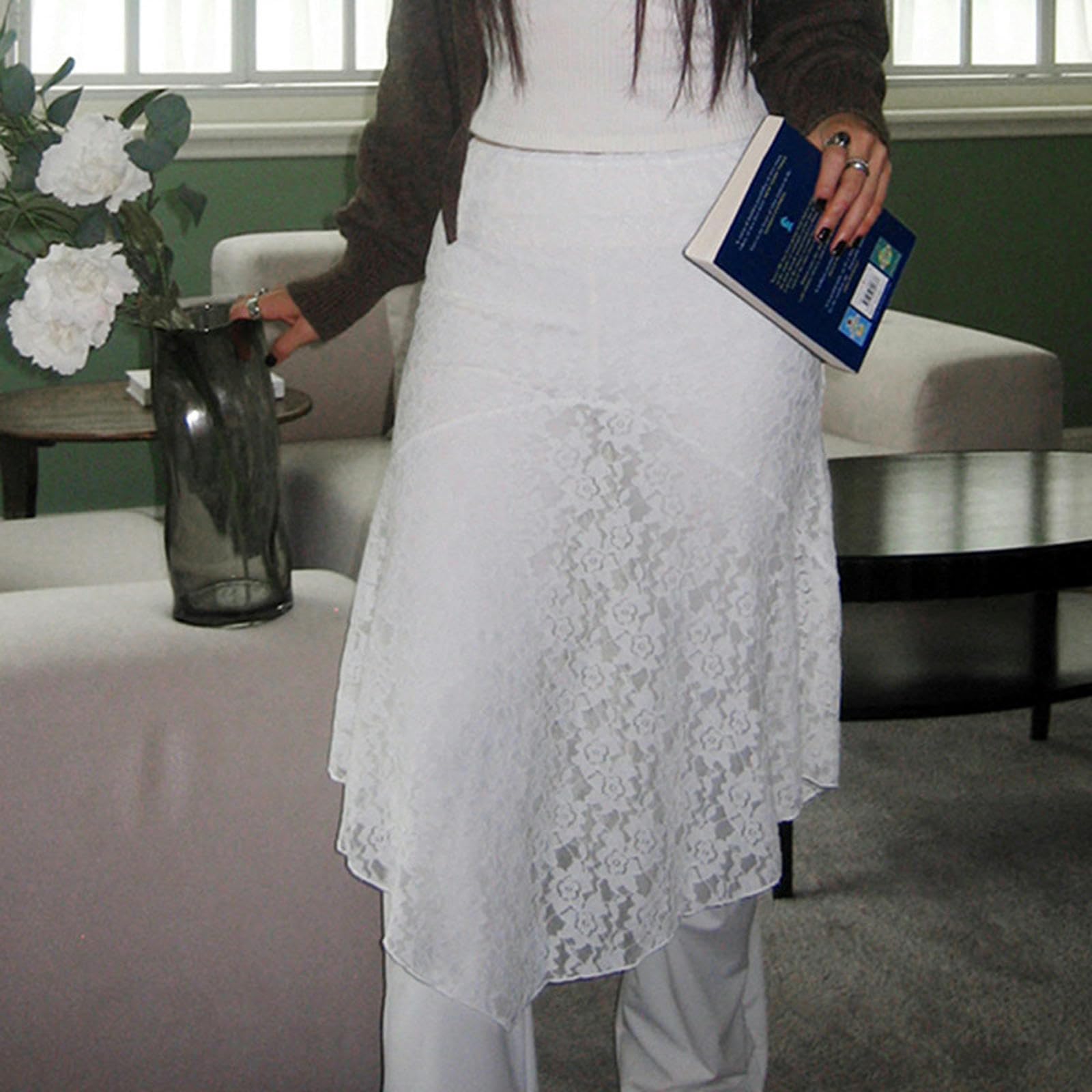 Generic Falda Irregular de Encaje Jacquard, Estilo Dulce y gentil, faldita Blanca versátil de Cintura Alta, Falda de Corte A de Largo Medio Que Cubre la Cadera-Blanco-S