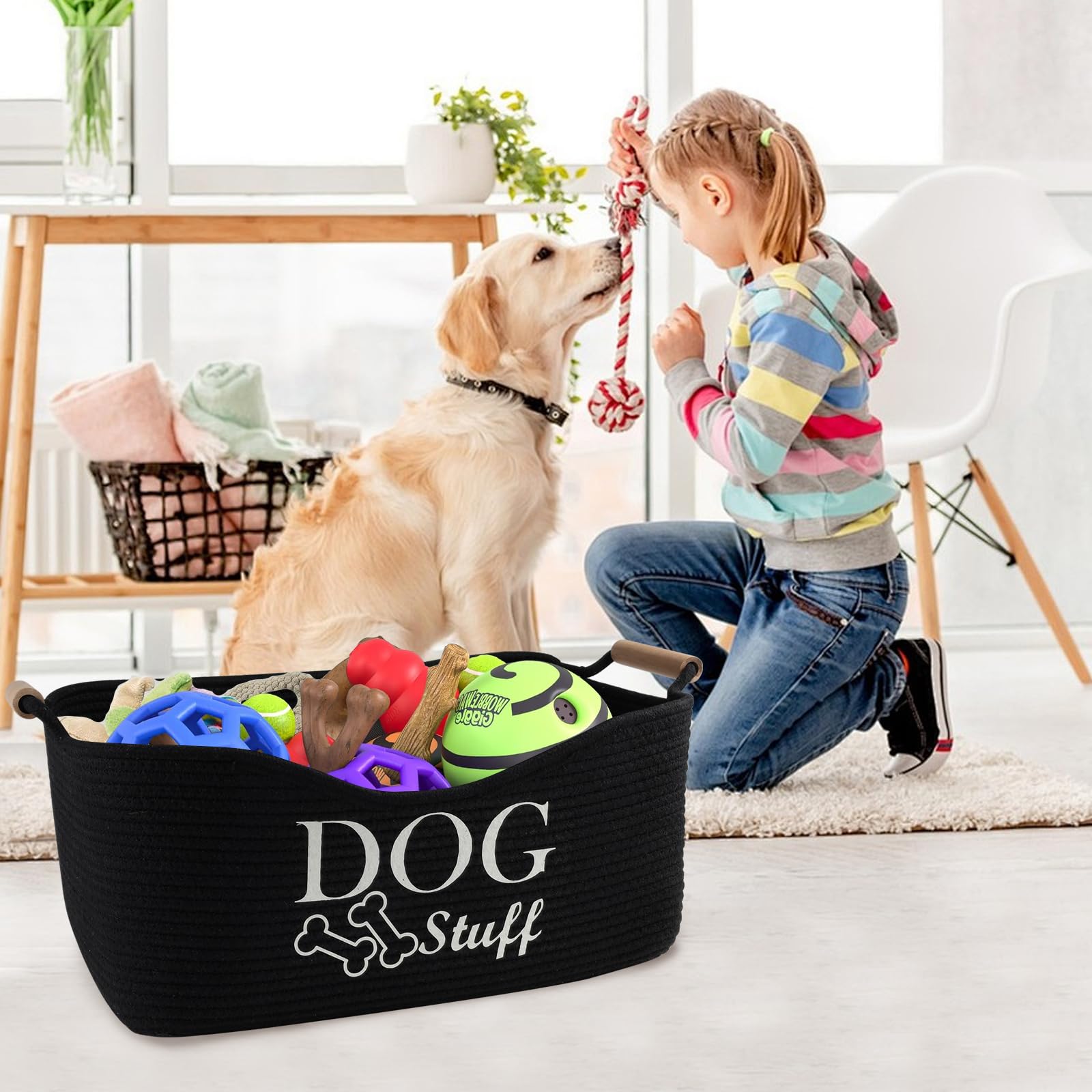 Brabtod Medium Woven Dog Toy Basket,Dog Stuff Organizer,Collapsible Dog Toy Bin with Wood Handles,Rectangle Puppy Toy Storage Basket,Dog Organizer for Dog Toys,Collar,Leash,Blankets-Black