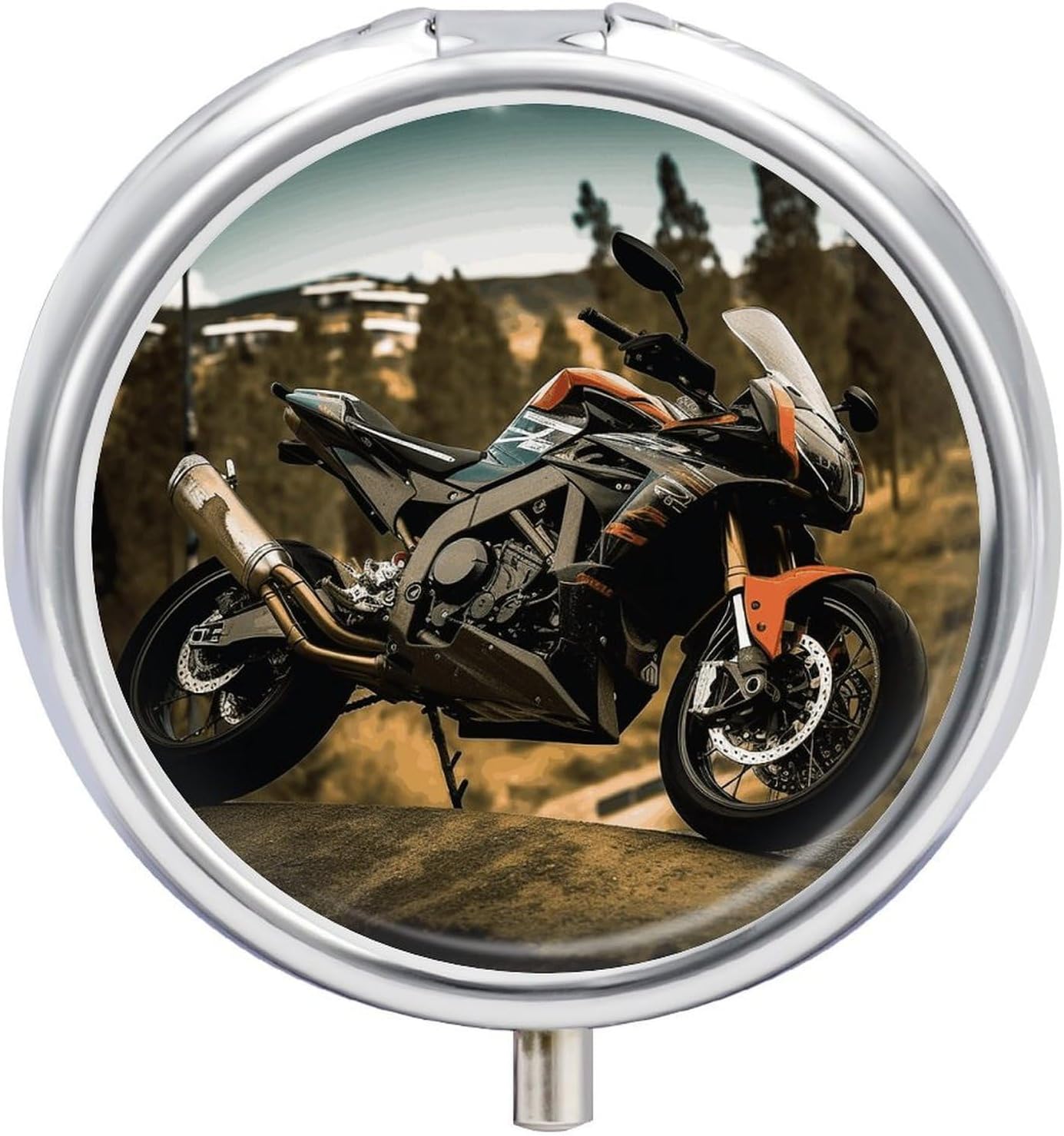 Round Daily Sport Motorcycle Pill Case with 3 Compartment & Mirror