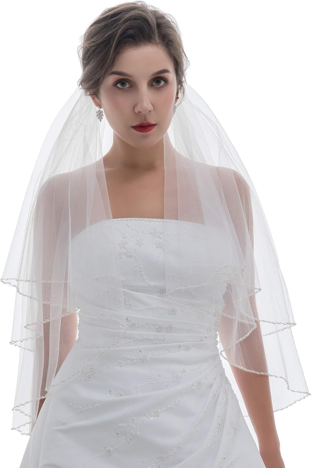 SAMKY 2T 2 Tier Pearls Bugle Beaded Bridal Wedding Veil