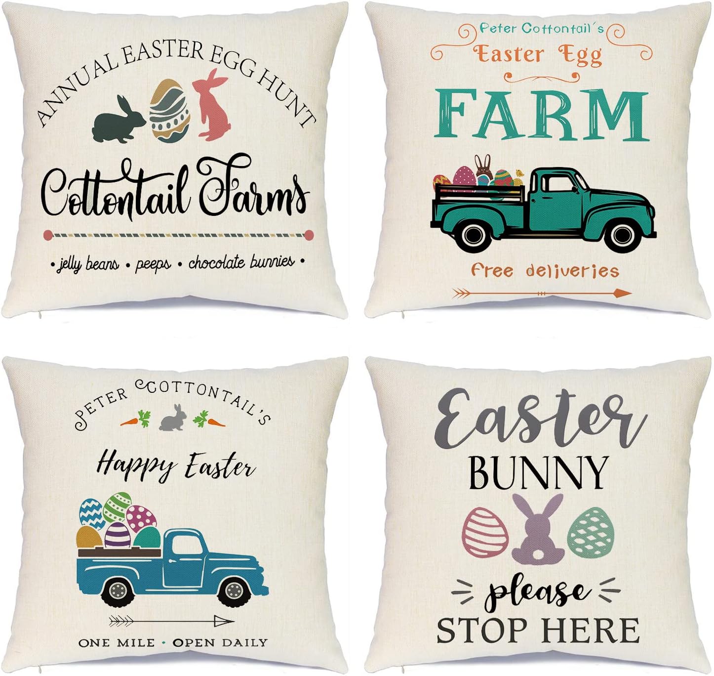 Hlonon Easter Pillow Covers 18 x 18 Inches Set of 4 Easter Decorations Bunny Car Easter Eggs Cotton Linen Throw Pillows Covers Case Pillow Custom Zippered Square Pillowcase