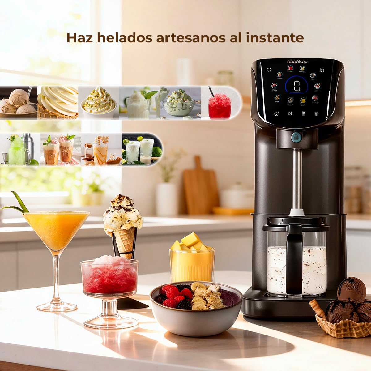 Cecotec Heladera Multifunción Capacidad 2,1L, 3 Tarrinas, Gelatec 2100. 500W, 11 Programas de Helado y Bebidas Granizadas, Tecnología CreamOn y Re-spin, Pantalla Táctil, Incluye Recetario Digital